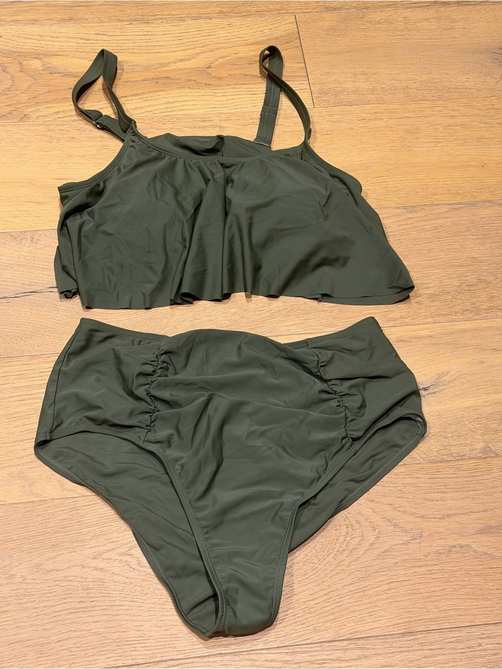 Olive Green High-Waist Flounce Bikini Set - Women Swim